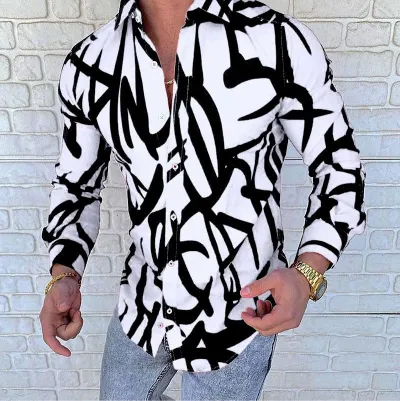 Men Fashion Casual 3D Stripe Print Plus Size Long Sleeve Lapel Shirt