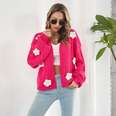 Autumn Winter Women Fashion Three-Dimensional Floral Knitted Cardigan Lantern Sleeve Sweater Coat