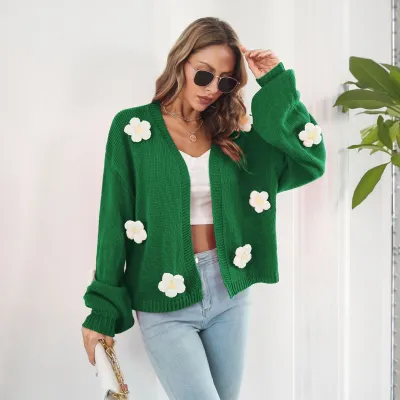 Autumn Winter Women Fashion Three-Dimensional Floral Knitted Cardigan Lantern Sleeve Sweater Coat