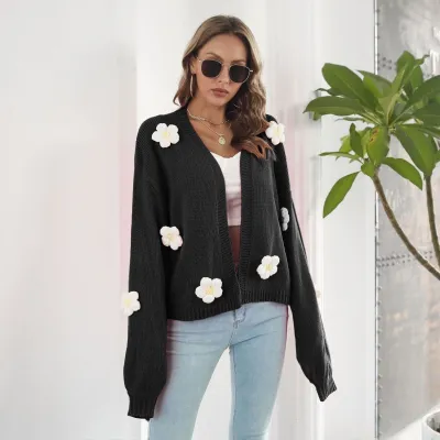 Autumn Winter Women Fashion Three-Dimensional Floral Knitted Cardigan Lantern Sleeve Sweater Coat