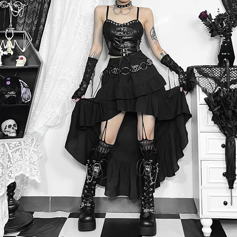 Summer Women Vintage Dark Gothic Irregular Lace Skirt