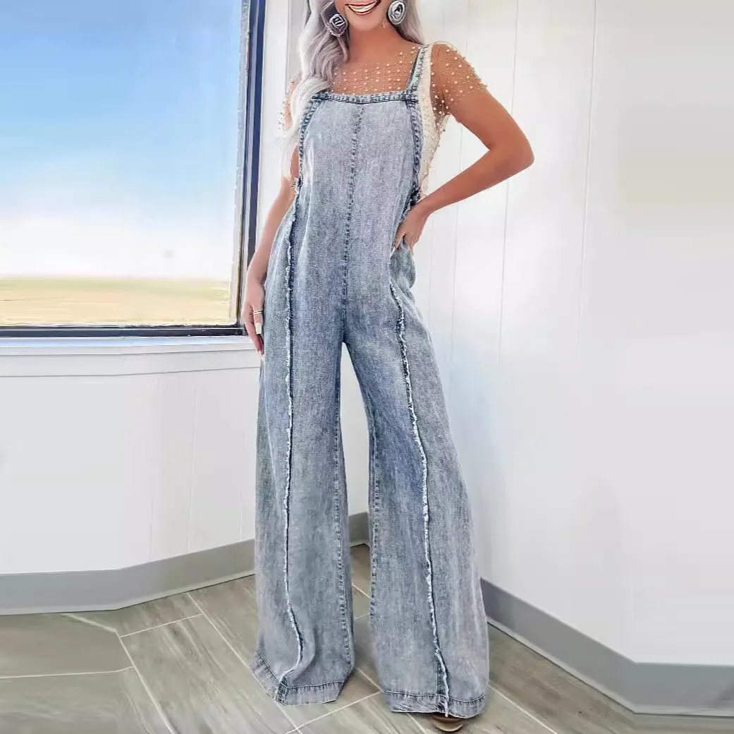 Women Vintage Washed Denim Suspenders Jumpsuit - Loose Wide Leg Street Hipster Style