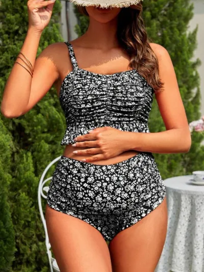Summer Maternity Swimsuit Set - Sexy Tiny Flower Printed High Waist Abdomen-Supporting Swimsuit