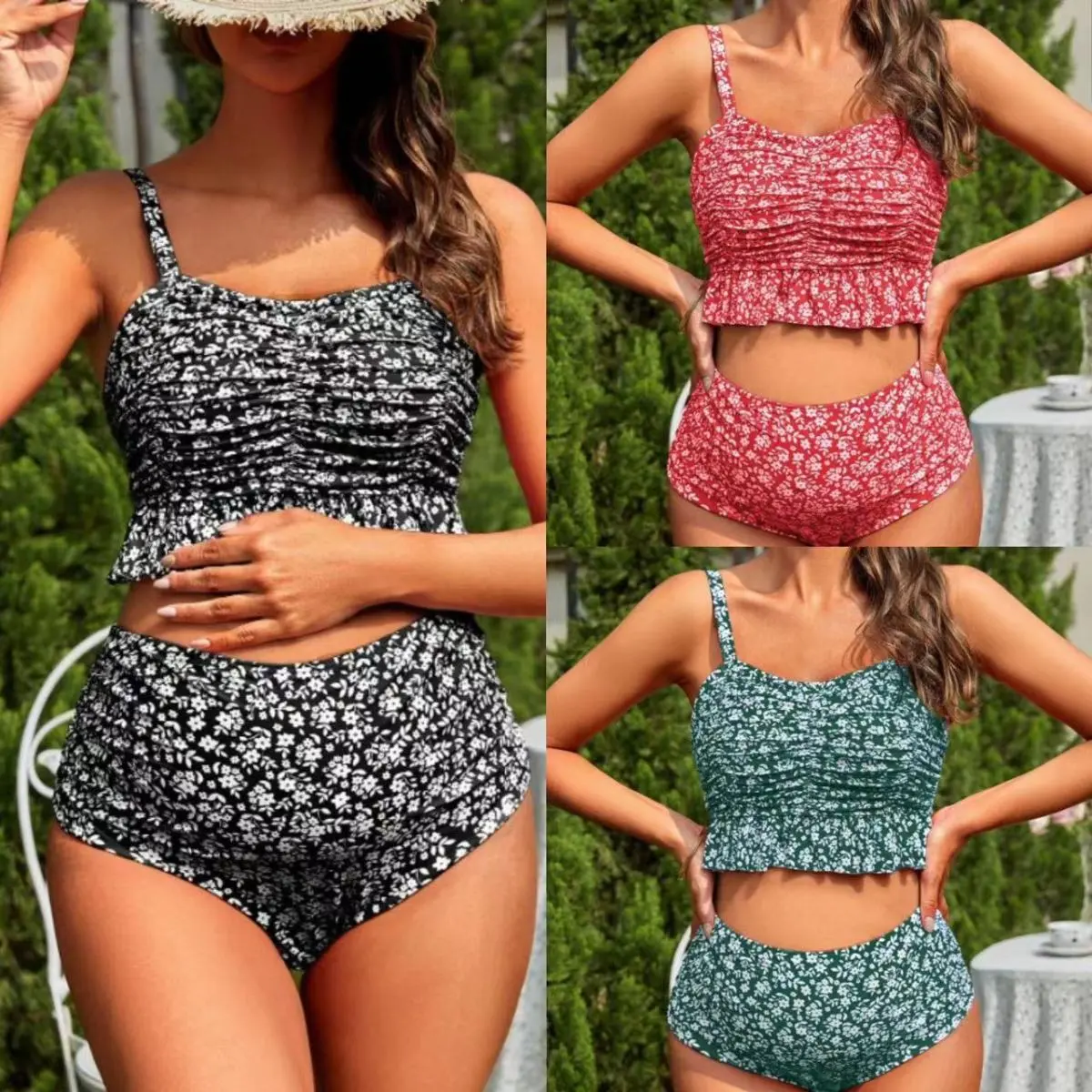 Summer Maternity Swimsuit Set - Sexy Tiny Flower Printed High Waist Abdomen-Supporting Swimsuit