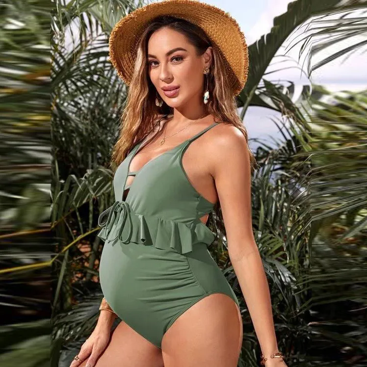 Pregnant Women Fashion Sexy Deep V Solid Color Strap One-Piece Swimsuit