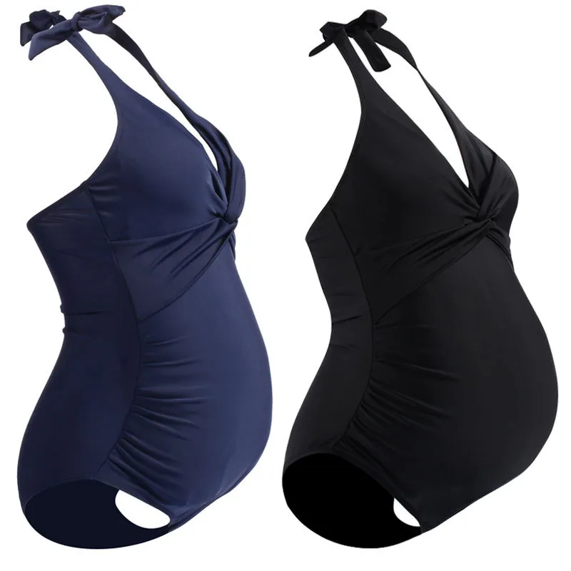 Pregnant Women Fashion Sexy Solid Color Deep V Halter Neck One-Piece Swimsuit