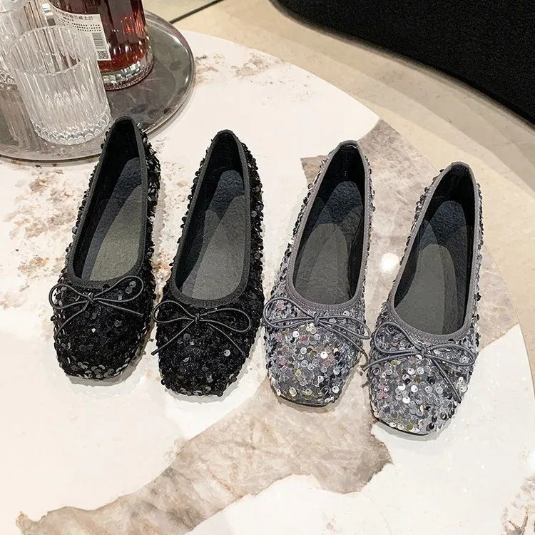 Women Fashion Sequin Bow Flat Loafers Slip On