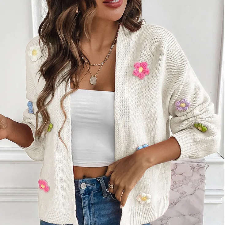 Women Fashion Hand Hook Floral Cardigan Sweater Coat