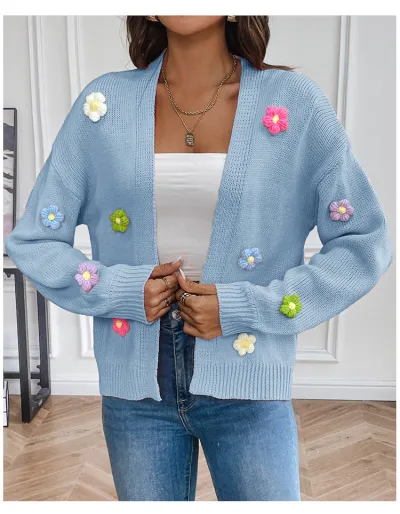 Women Fashion Hand Hook Floral Cardigan Sweater Coat