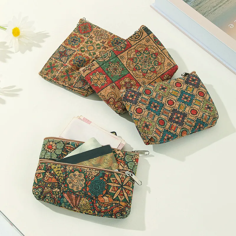 Fashion Vintage Ethnic Printed Zipper Mini Cork Wallet