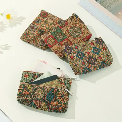 Fashion Vintage Ethnic Printed Zipper Mini Cork Wallet