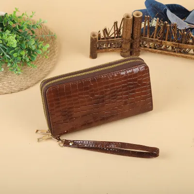 Women Fashion Plaid Print Double Zip Rectangular PU Leather Purses