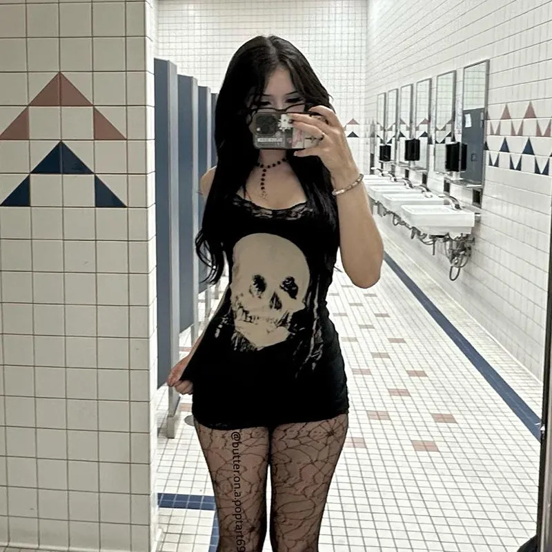 Summer Women Fashion Sexy Diablo Gothic Skull Print Sling Dress
