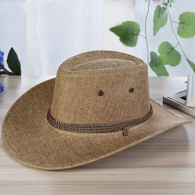 Summer Men Western Cowboy Linen Sun Hat Straw Outdoor Travel Hat