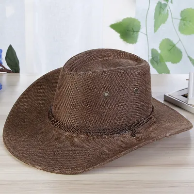 Summer Men Western Cowboy Linen Sun Hat Straw Outdoor Travel Hat