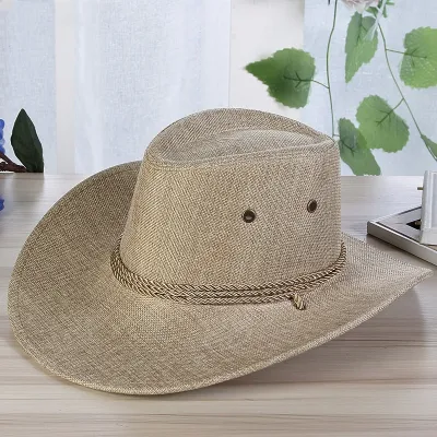 Summer Men Western Cowboy Linen Sun Hat Straw Outdoor Travel Hat