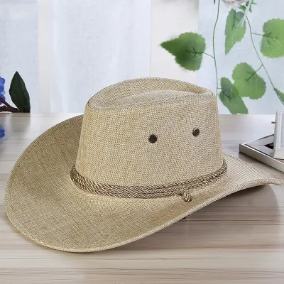 Summer Men Western Cowboy Linen Sun Hat Straw Outdoor Travel Hat