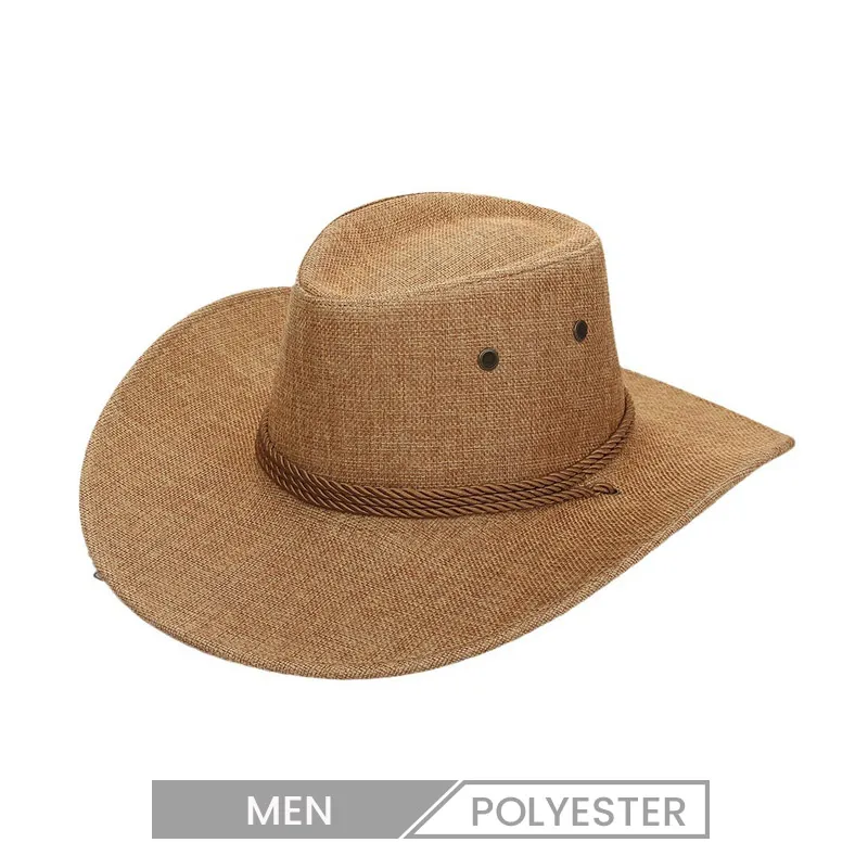 Summer Men Western Cowboy Linen Sun Hat Straw Outdoor Travel Hat