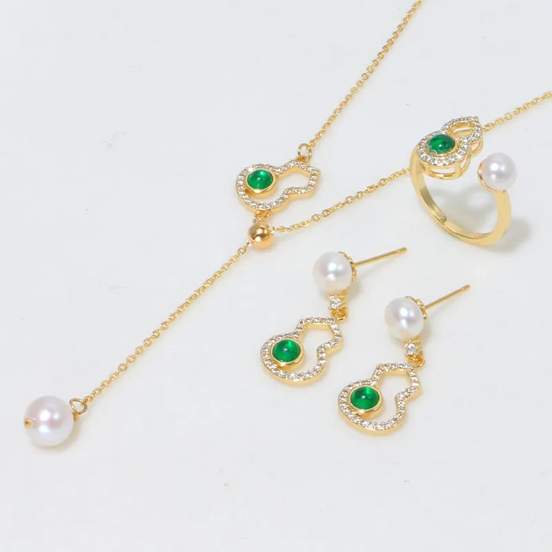 Women Fashion Creative Gourd Pearl Rhinestone Necklace Ring Earrings Set