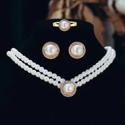 Women Fashion Retro Pearl Necklace Earrings Ring Set
