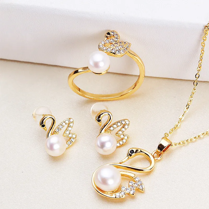 Women's Fashion Freshwater Pearl Swan Necklace Earrings Ring Set