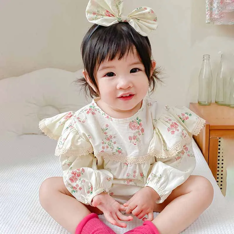 Kids Baby Girls Casual Cute Tiny Flower Print Long Sleeve Romper Pullover