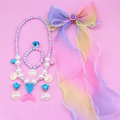 Kids Girls Cute Sweet Party Pearl Shell Necklace Bracelet Ring Earrings Set Resin Pendant Children Cartoon