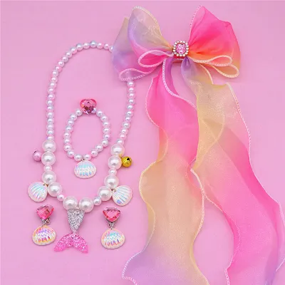 Kids Girls Cute Sweet Party Pearl Shell Necklace Bracelet Ring Earrings Set Resin Pendant Children Cartoon