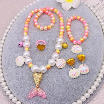 Kids Girls Cute Sweet Party Pearl Shell Necklace Bracelet Ring Earrings Set Resin Pendant Children Cartoon