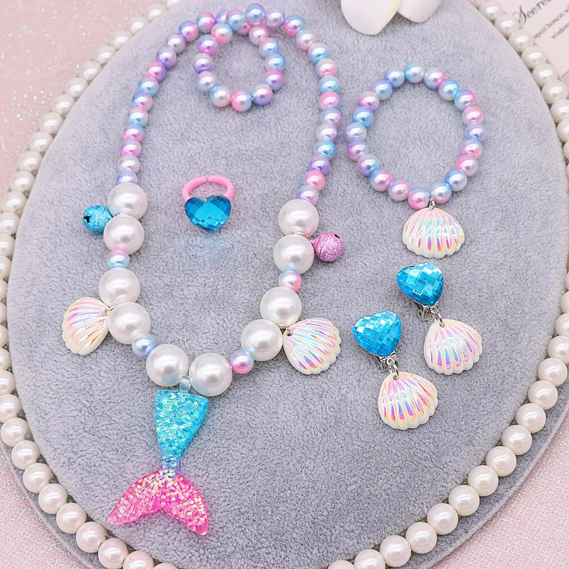 Kids Girls Cute Sweet Party Pearl Shell Necklace Bracelet Ring Earrings Set Resin Pendant Children Cartoon