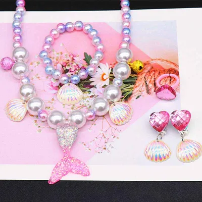 Kids Girls Cute Sweet Party Pearl Shell Necklace Bracelet Ring Earrings Set Resin Pendant Children Cartoon