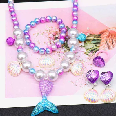 Kids Girls Cute Sweet Party Pearl Shell Necklace Bracelet Ring Earrings Set Resin Pendant Children Cartoon