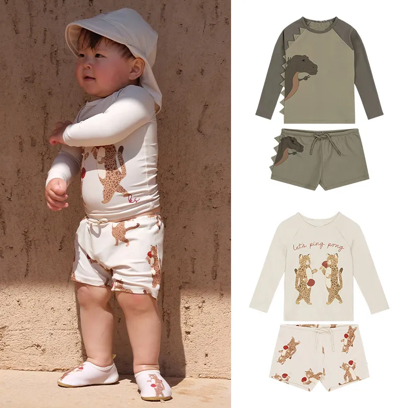 Kids Toddler Boys Casual Cute Cartoon Dinosaur Print Long Sleeve Shorts Tankinis Swimwear Sets
