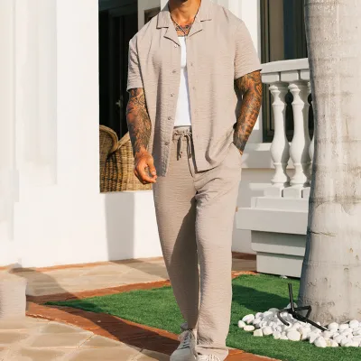 Men Fashion Casual Solid Color Short Sleeve Lapel Shirt Trousers Set