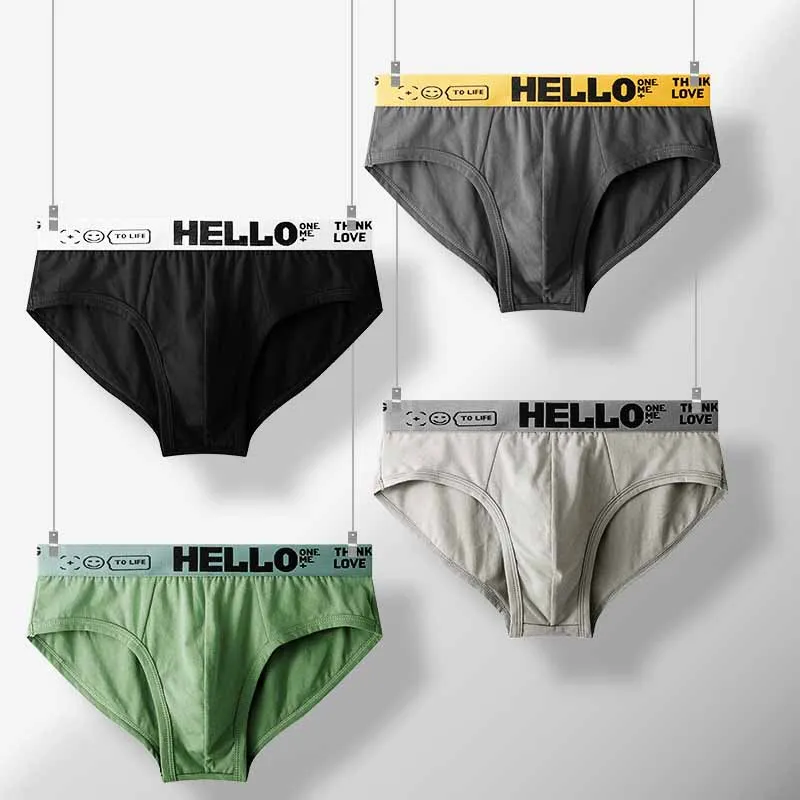 Men Fashion Basic Solid Color Letter Print Briefs Low Rise Cotton Underwear