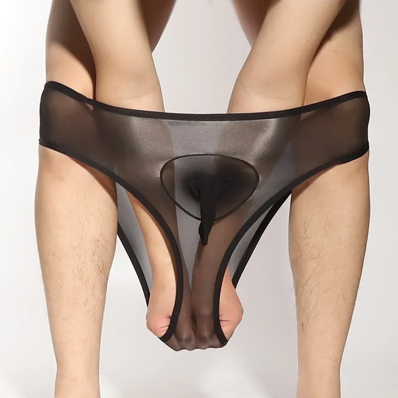 Men Sexy Ultra-Thin Transparent Solid Color Mid-Waist Nylon Fun Briefs