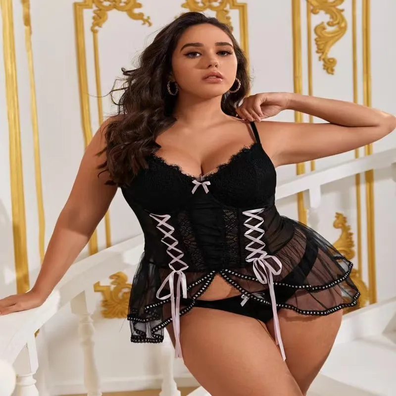 Women Plus Size Sexy Lace Mesh See-Through Lingerie Set