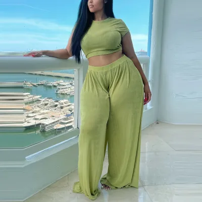 Summer Women Casual Plus Size Solid Color Round Neck Short Sleeve Crop Top Wide Leg Pants Two-Piece Set