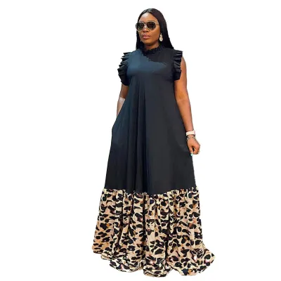 Women Fashion Loose Plus Size Leopard Printed Patchwork Short Sleeve Dress