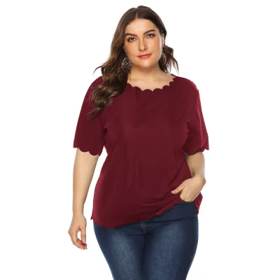 Women Casual Wavy Edge Solid Color Short Sleeve Plus Size Top