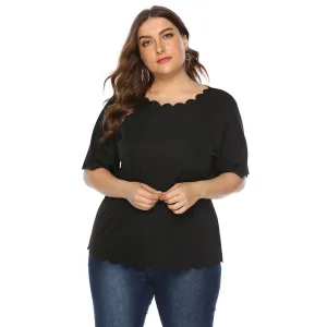 Women Casual Wavy Edge Solid Color Short Sleeve Plus Size Top