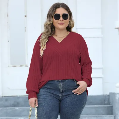 Women Fashion Loose V-Neck Stripe Long-Sleeve Plus Size Top