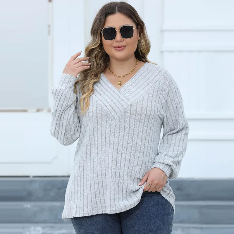 Women Fashion Loose V-Neck Stripe Long-Sleeve Plus Size Top