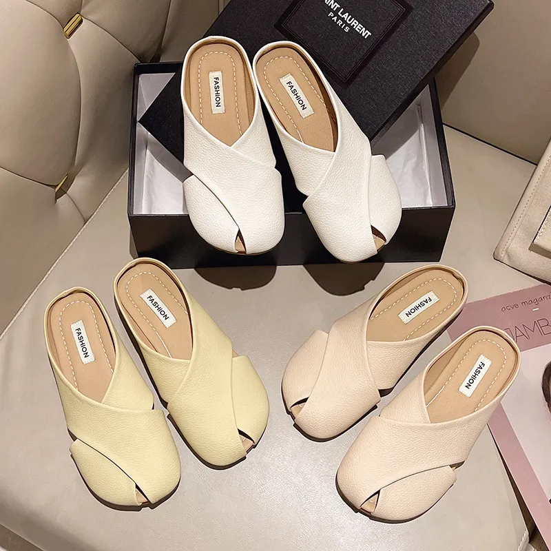 Women Summer Fashion Casual Cross Hollow Cover Toe Flat Mules Shoes