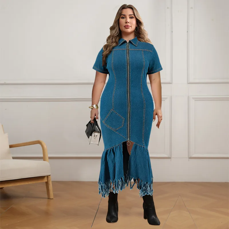 Women Plus Size Denim Tassel Dress with Zipper Short Sleeve
