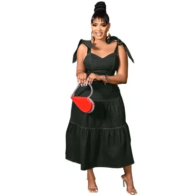 Women Fashion Casual Plus Size Sling Sleeveless Denim A-Line Dress