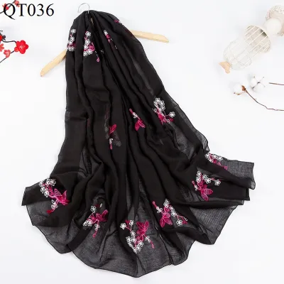 Women Fashion Ethnic Embroidered Cotton And Linen Scarf