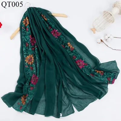 Women Fashion Ethnic Embroidered Cotton And Linen Scarf