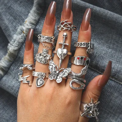 Women Fashion Exaggerated Punk Snake Butterfly Skull Sword Ring 12 Pieces Set