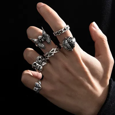 Men Exaggerated Retro Exaggerated Skull Hollow Heart Ring 6 Pieces-Set